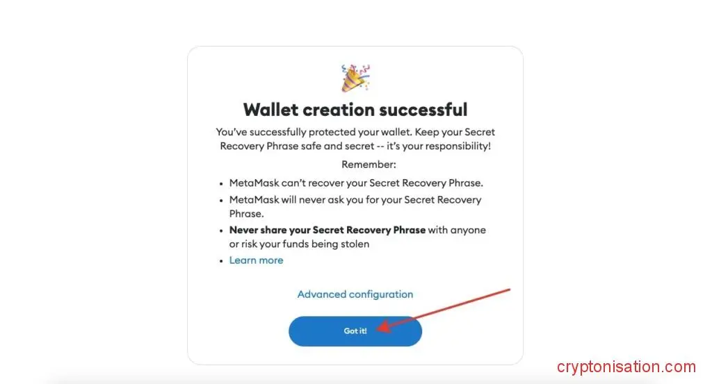 Último paso para crear su wallet