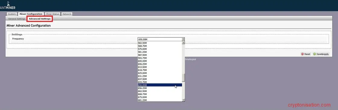 Sección Advanced Settings de la interfaz del minero ASIC Antminer S9