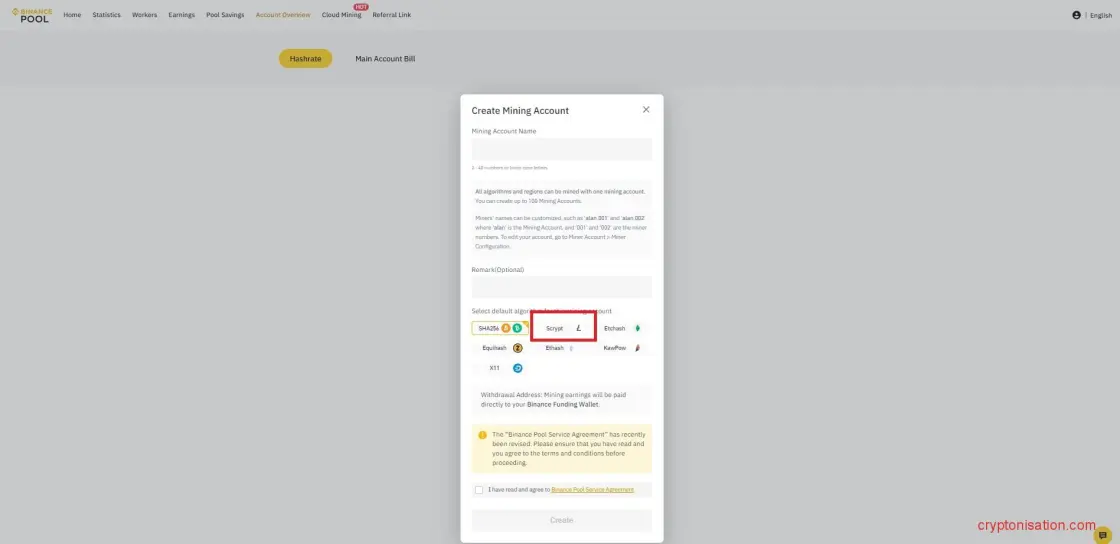 Ventana de creación de cuenta en Binance Pool 
