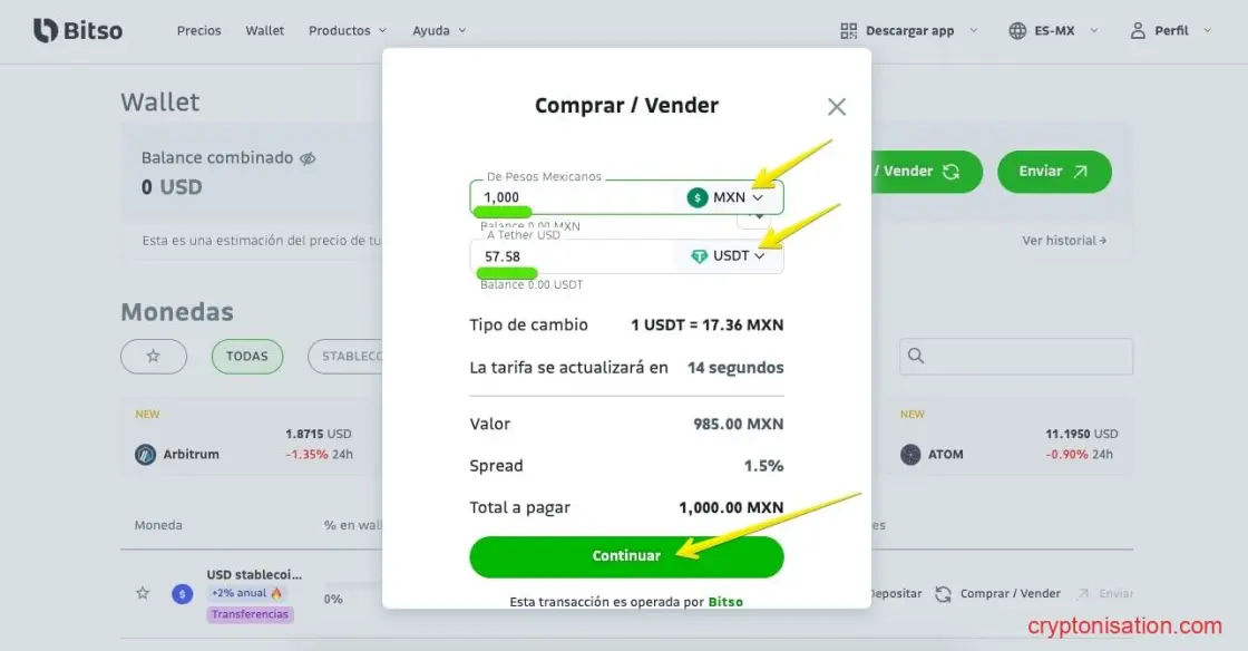 Creando una orden para comprar USDT por MXN