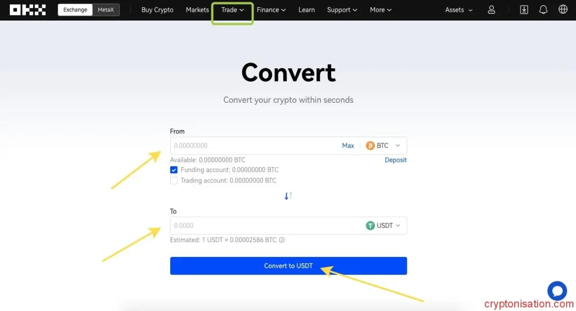 Konwersja kryptowalut w OKX