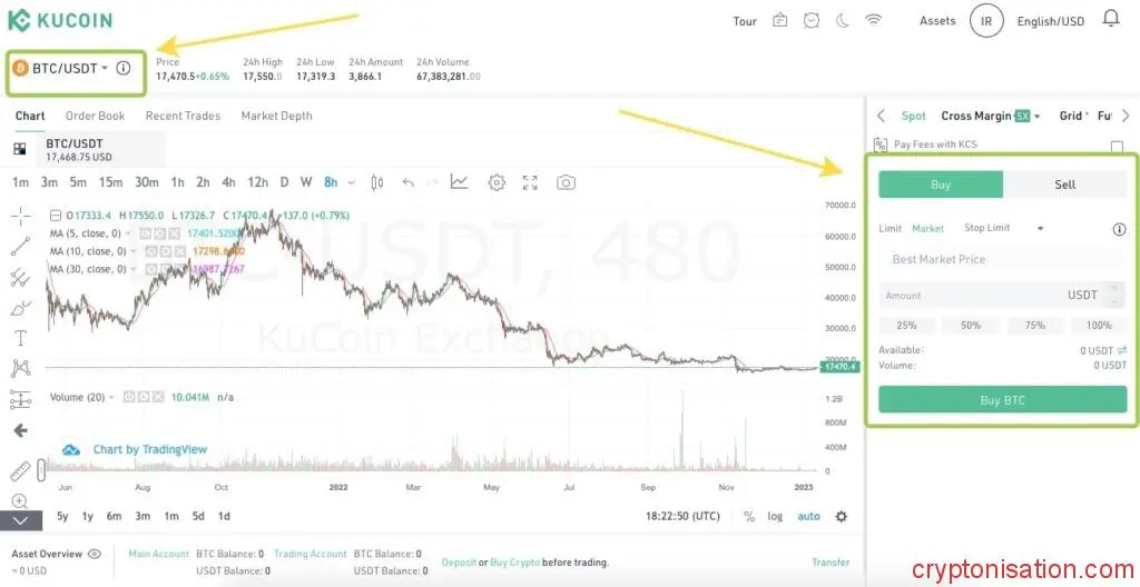 Kupno BTC za USDT na rynku spot Kucoin