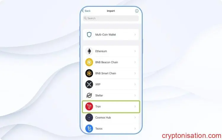 Import portfela dla kryptowaluty Tron
