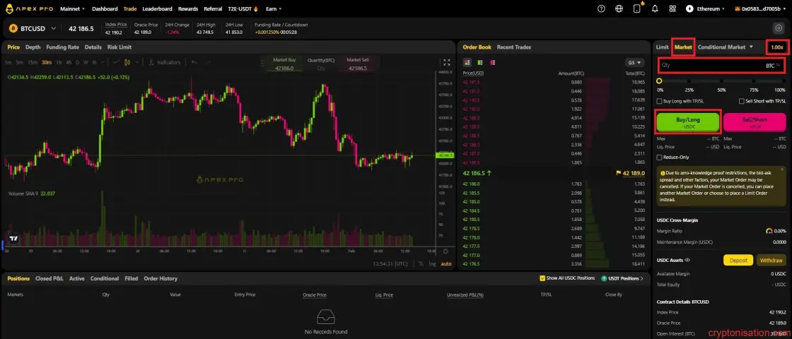 BTC/USDC futures'ı satın alma emri oluştururken doldurulması gereken alanlar