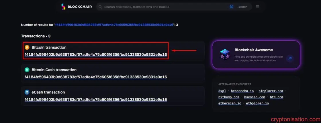 TxID sonuç listesi — Bitcoin (BTC) ağı seçilmeli