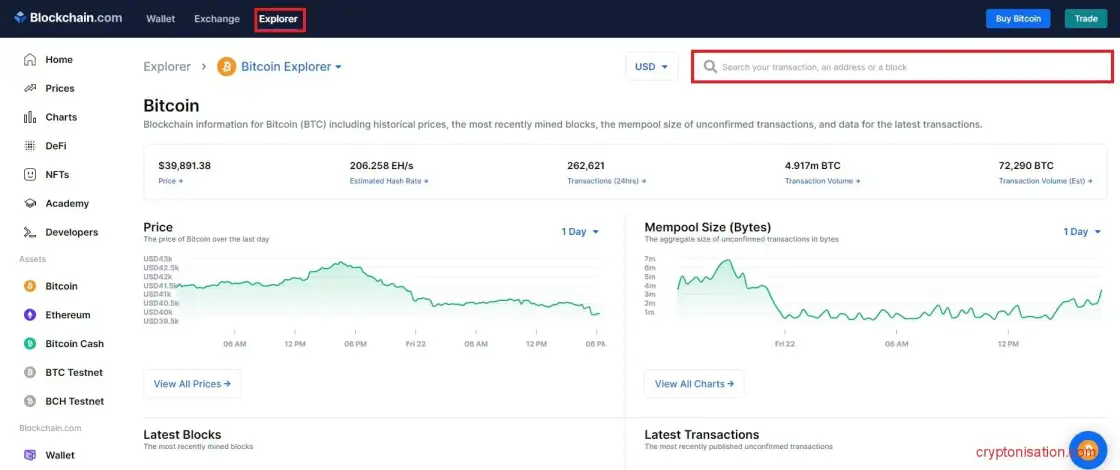 Страница Explorer сервиса blockchain.com