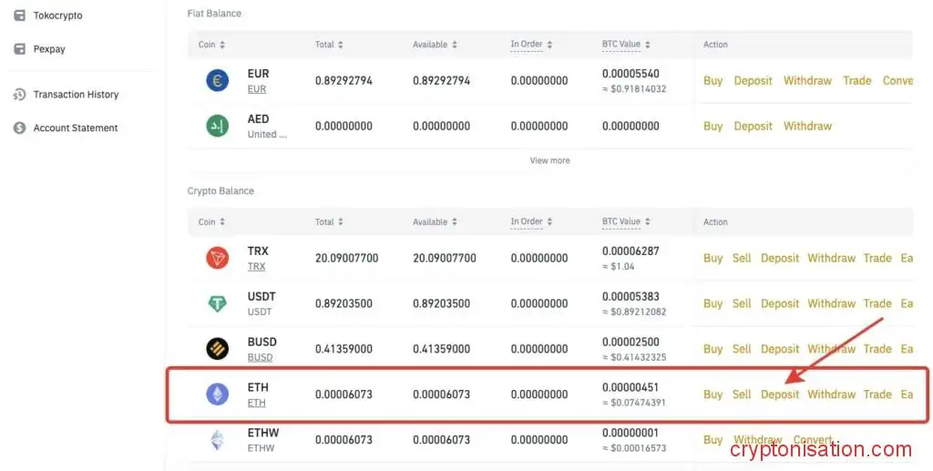 Депозит в ETH на Binance
