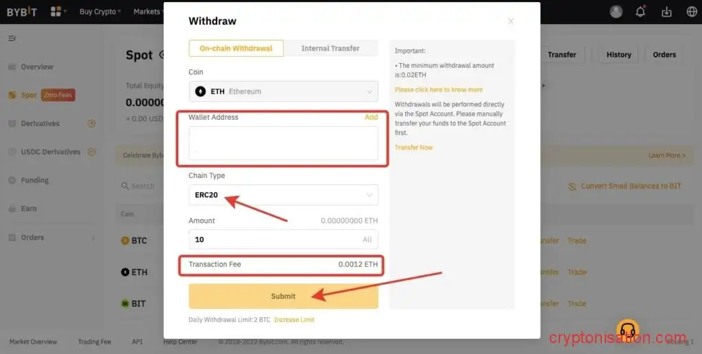 Перевод ETH между биржами Бинанс и Байбит