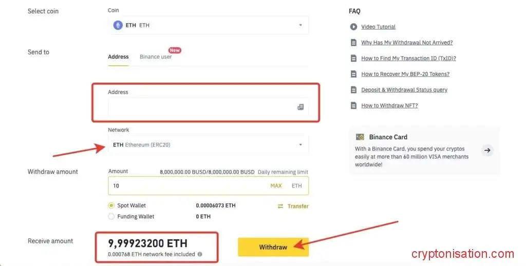 Перевод ETH между биржами Binance и Bybit
