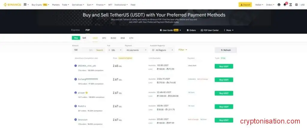 Интерфейс сервиса Binance P2P