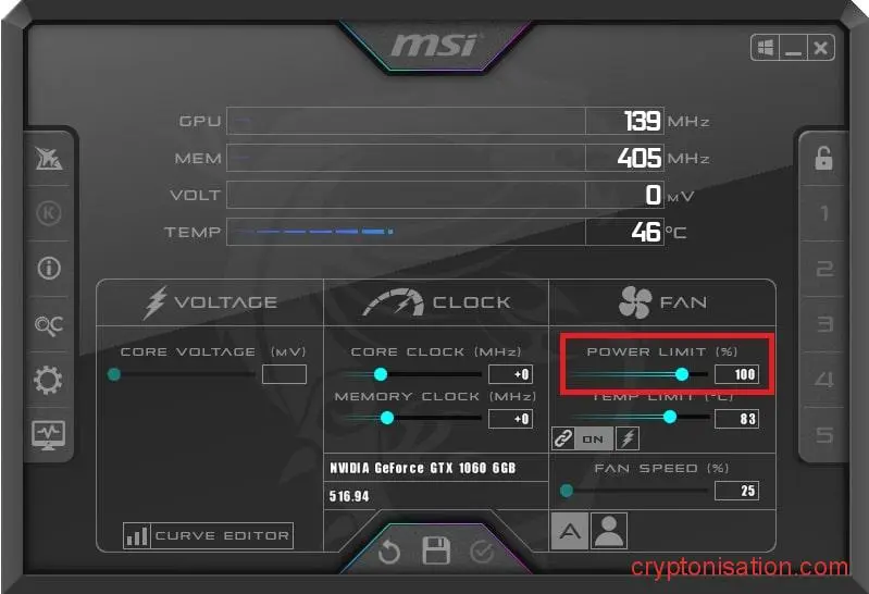 Лимит мощности в MSI Afterburner