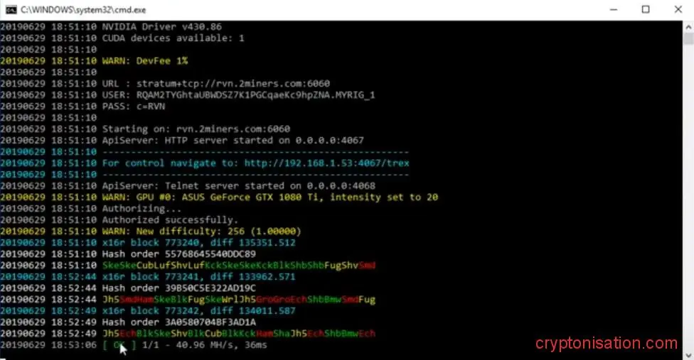 Интерфейс командной строки во время добычи RVN