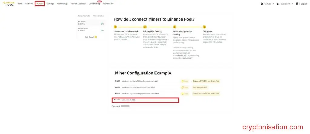 Данные по воркеру, URL и паролю в Binance Pool