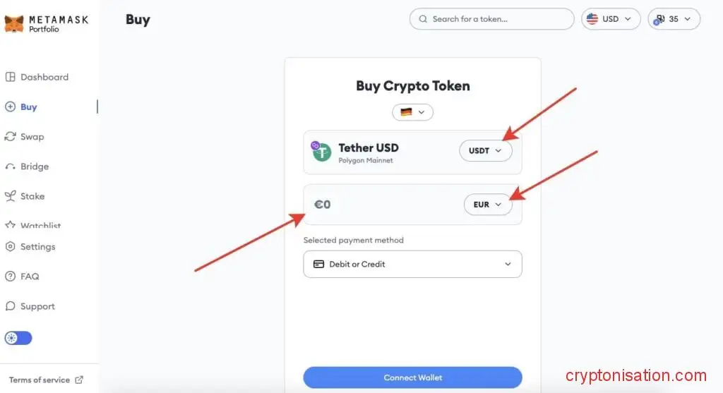 Покупка Tether USD за евро