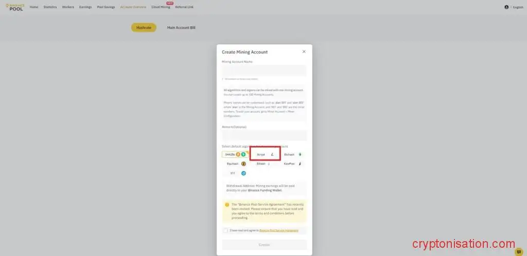 Окно создания аккаунта в Binance Pool