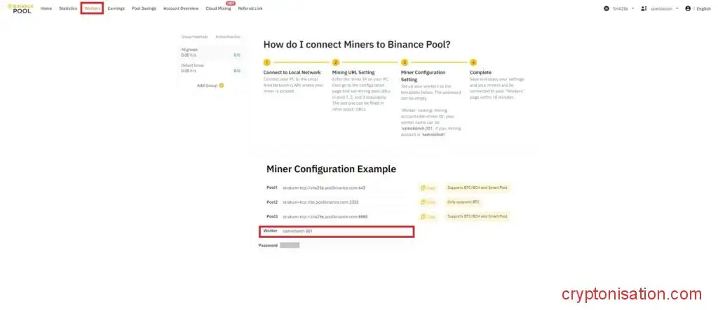Данные по воркеру, URL и паролю в Binance Pool