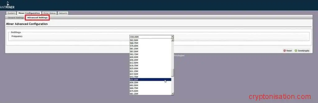 Раздел Advanced Settings в интерфейсе Antminer