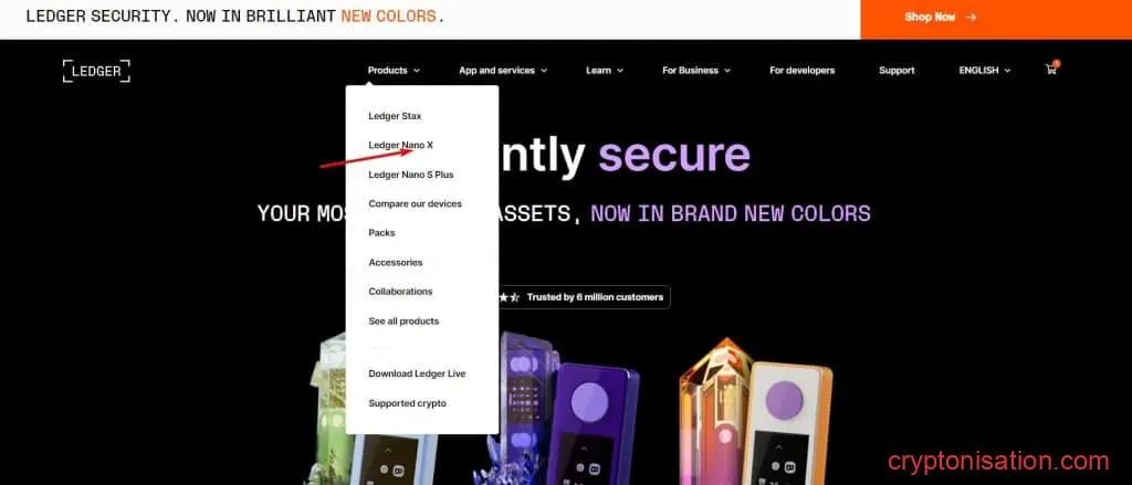 Eligiendo Ledger Nano X en el sitio web