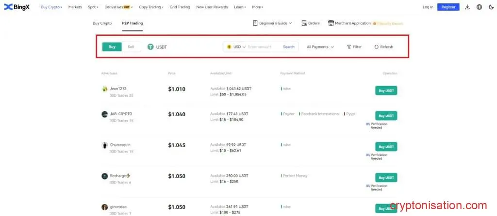 Покупка USDT на BingX P2P