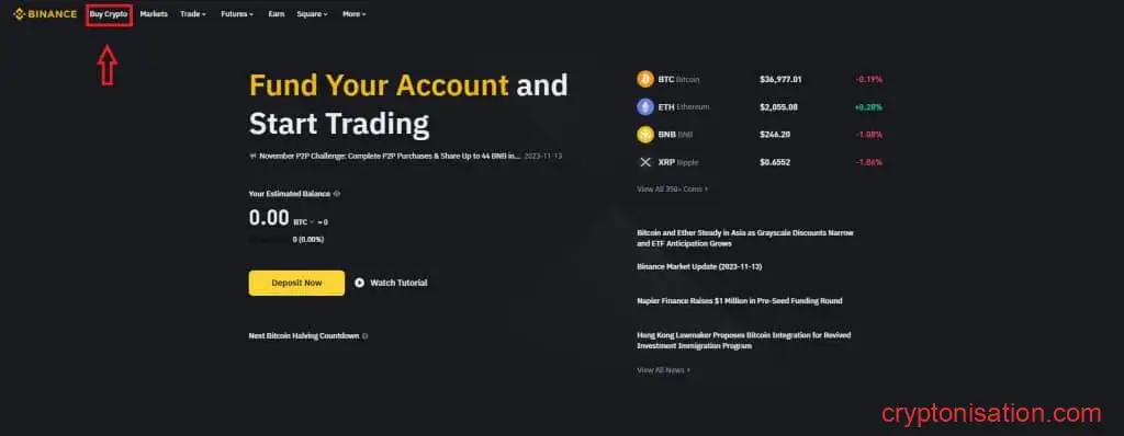Buy Crypto на главной странице Binance