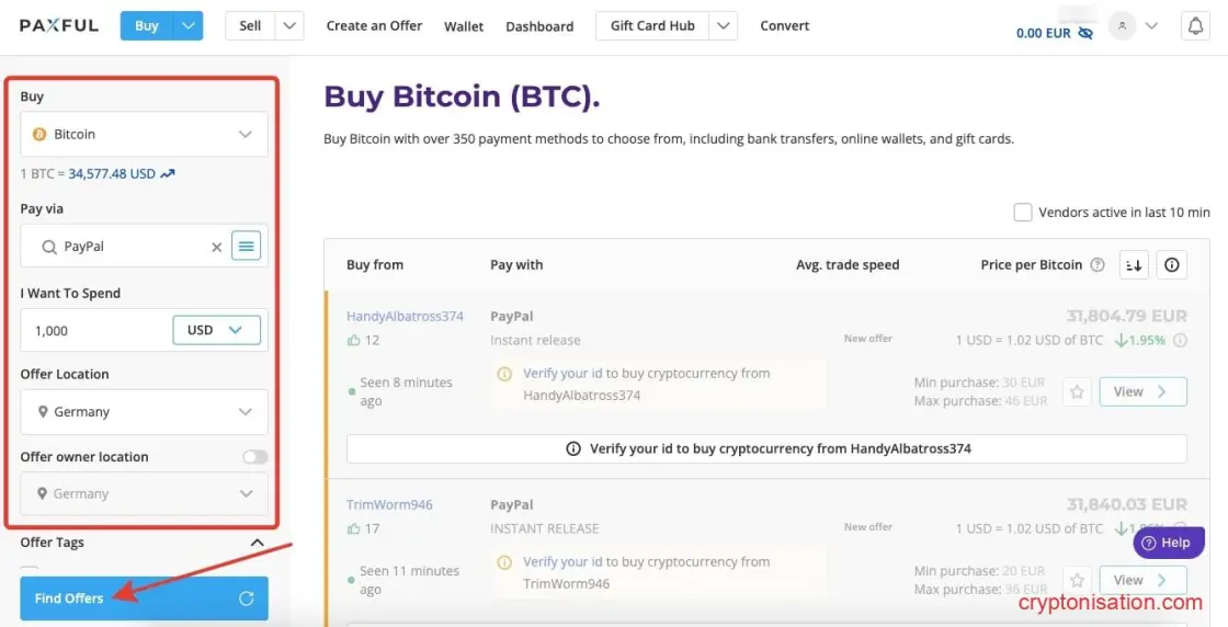 Los datos de la orden de compra de Bitcoin