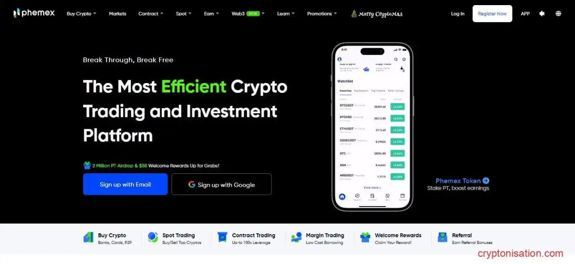 Стартовая страница биржи Phemex
