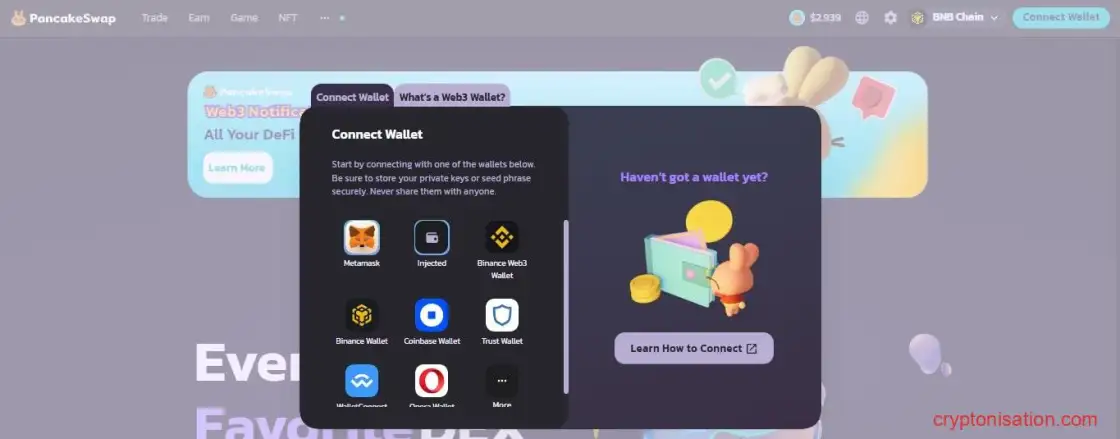 Меню подключения криптокошелька к бирже (Connect Wallet)