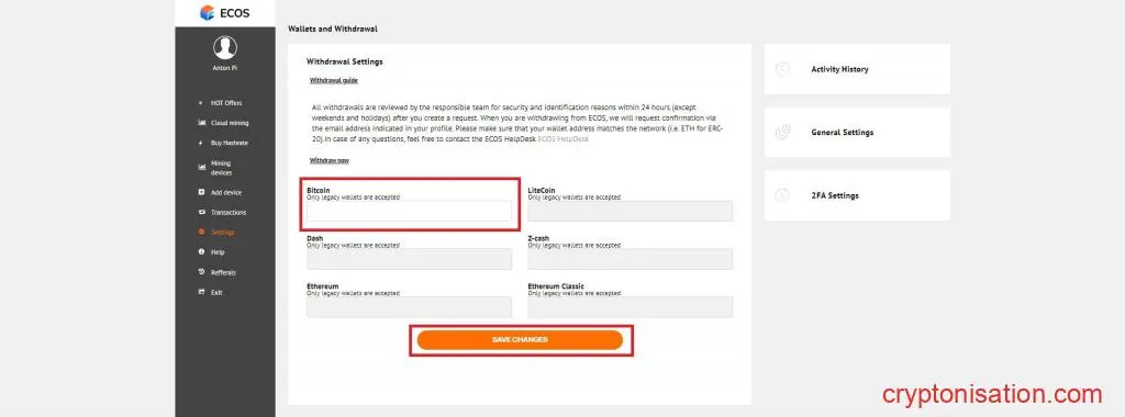 Introduciendo la dirección BTC