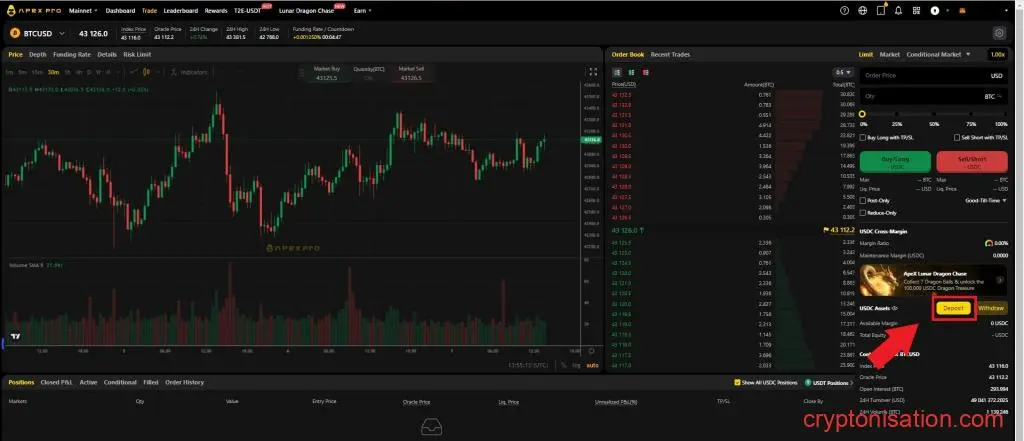 Botón de depósito en la interfaz de ApeX Pro