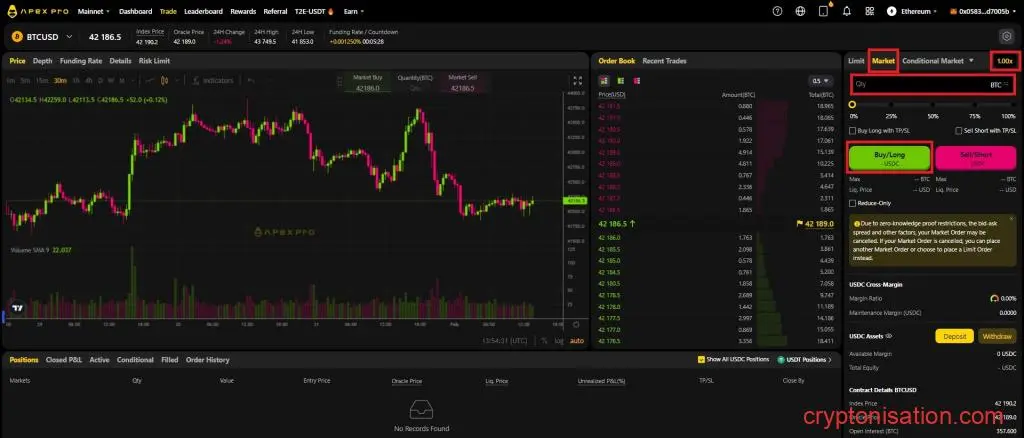 Campos a rellenar al realizar una orden de compra de futuros BTC/USDC