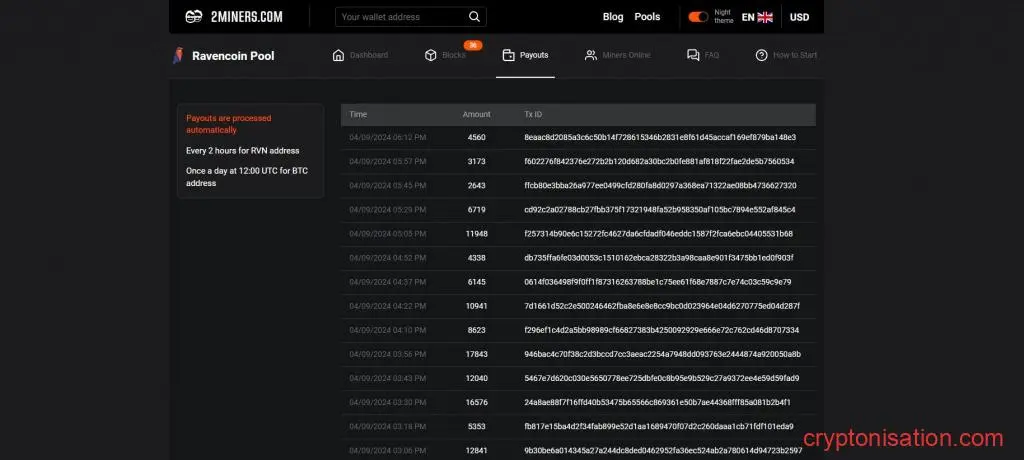 Раздел Payouts в интерфейсе пула RVN