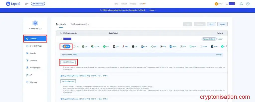 Добавление BTC-адреса для вывода монет