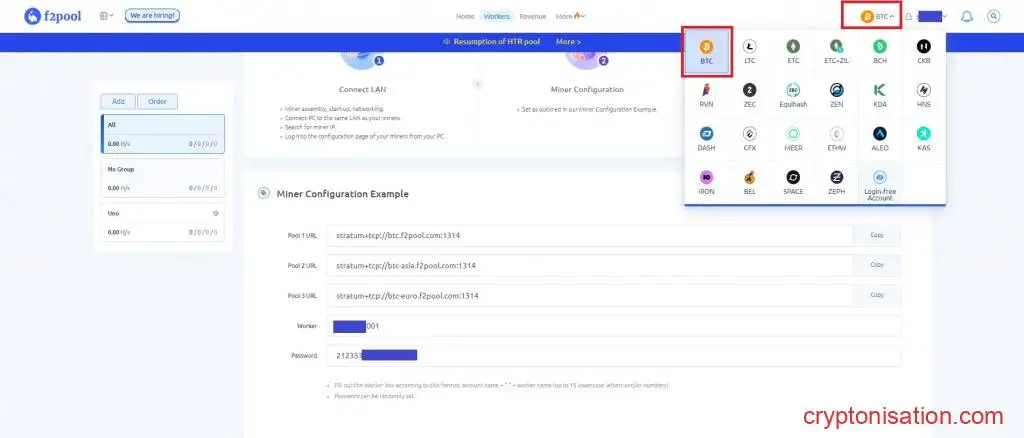 Переключение на создание воркера для BTC