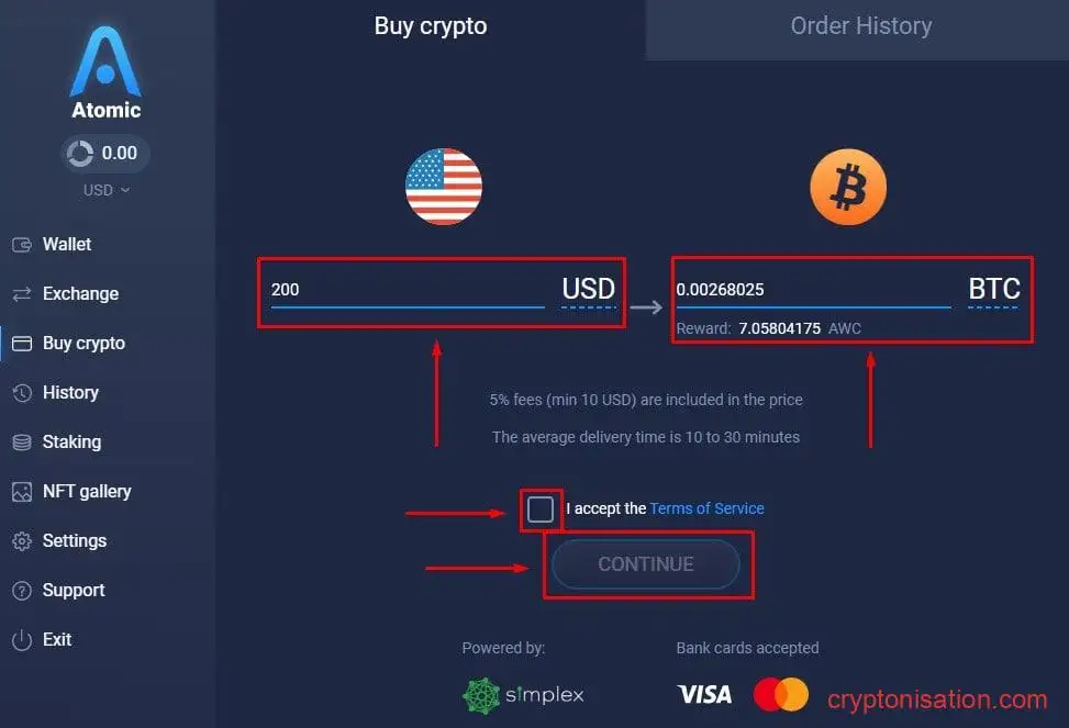Форма для покупки крипты за фиат