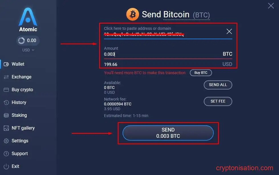 Форма ввода данных для отправки криптовалюты