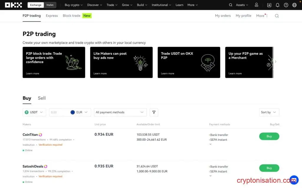 Окно P2P OKX