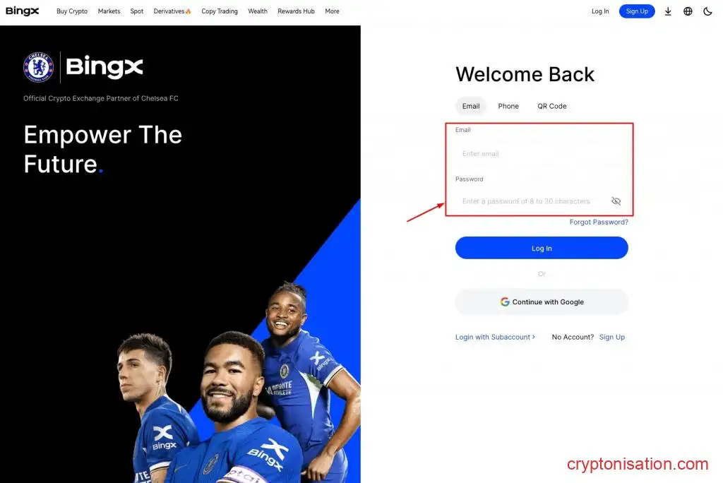 Ввод данных для входа в личный кабинет на BingX