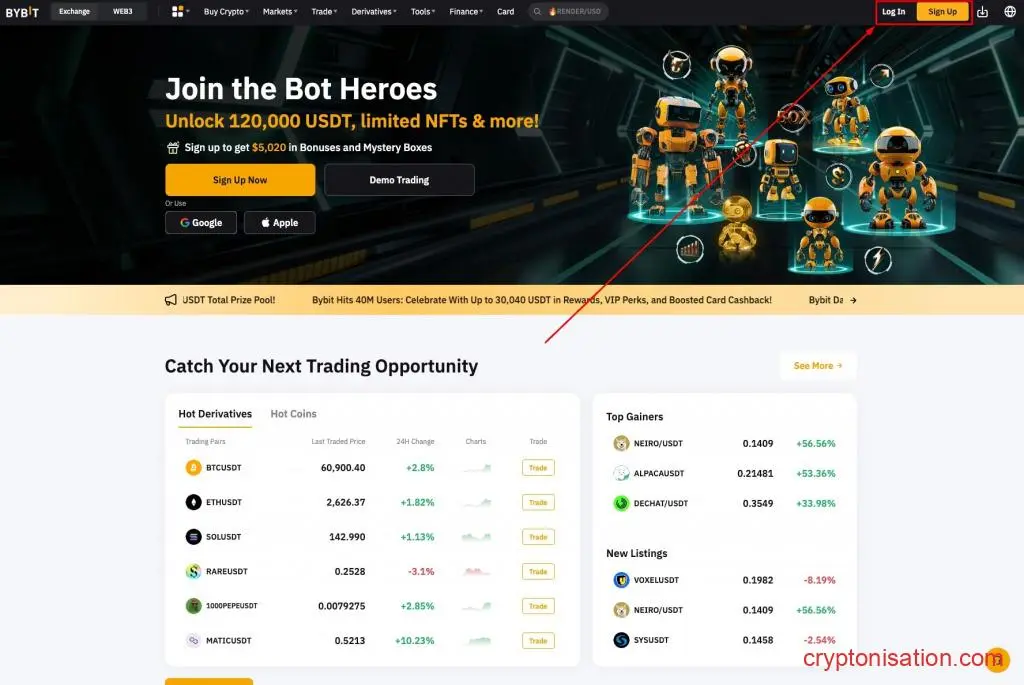 Вход в аккаунт на бирже Bybit