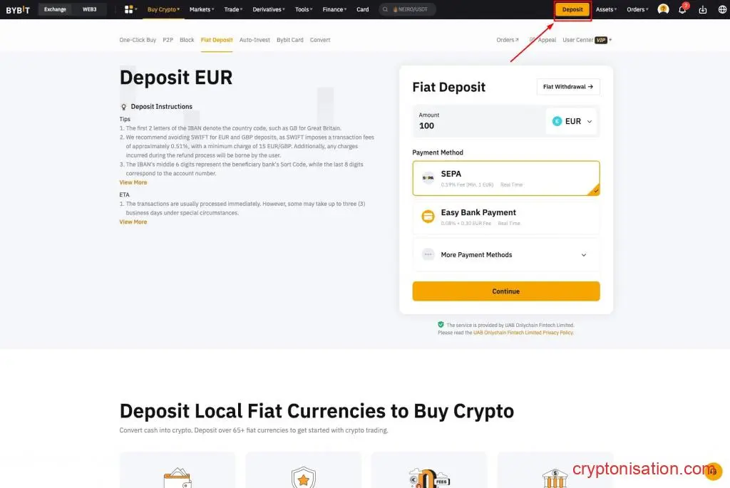 Пополнение спотового счета в фиатной валюте на бирже Bybit