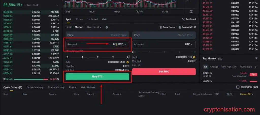 Создание ордера на покупку BTC за USDT