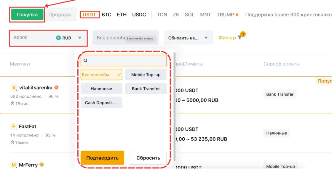 Способы оплаты на P2P Bybit