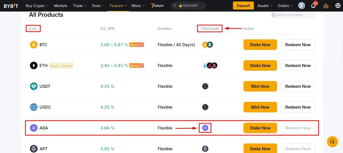 Выбор монеты ADA в списке On-Chain Earn