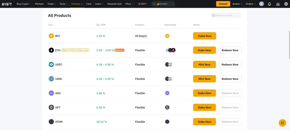 Список монет в разделе On-Chain Earn