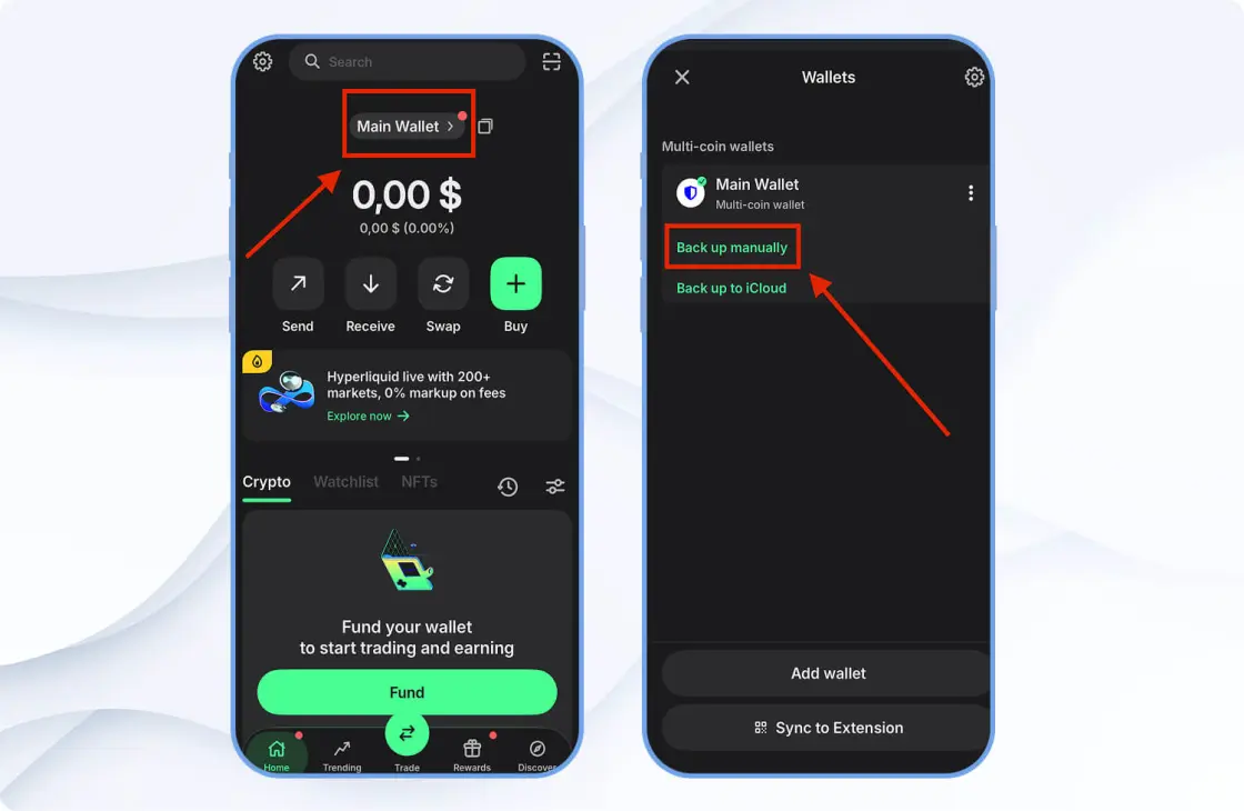 Создание резервной копии в кошельке Trust Wallet