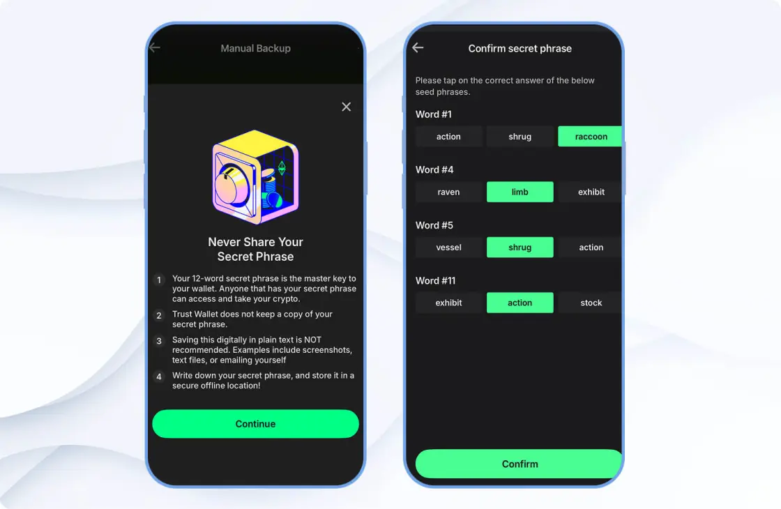 Подтверждение seed-фразы в Trust Wallet