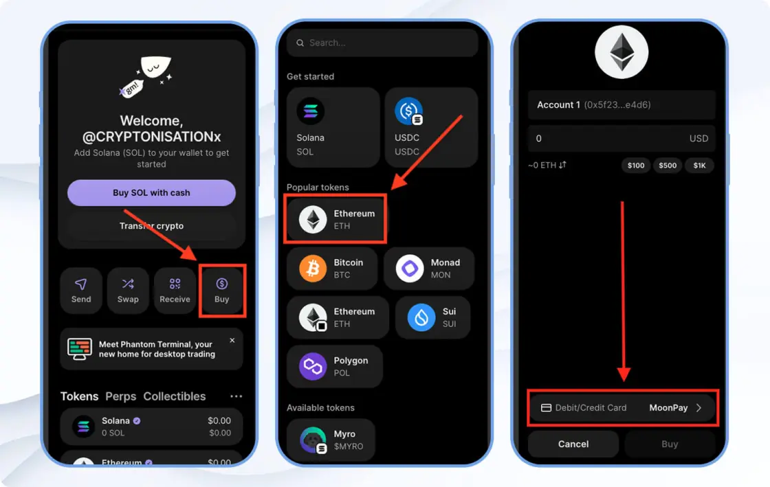 Пополнение через покупку в Phantom Wallet, шаг 1