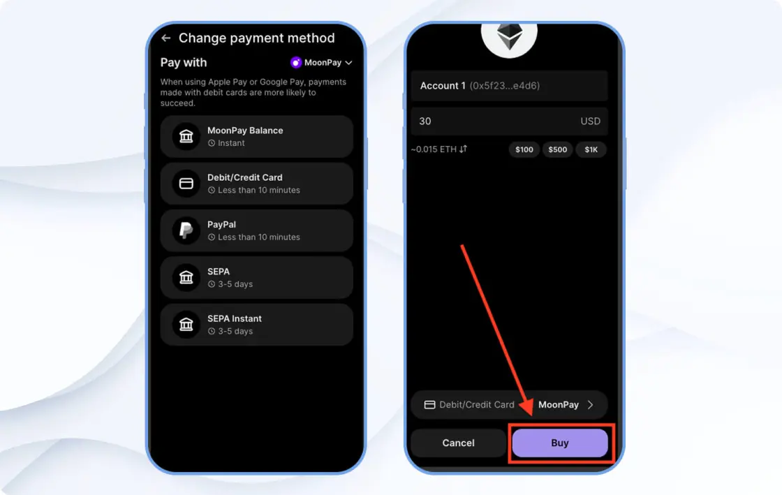 Пополнение через покупку в Phantom Wallet, шаг 2