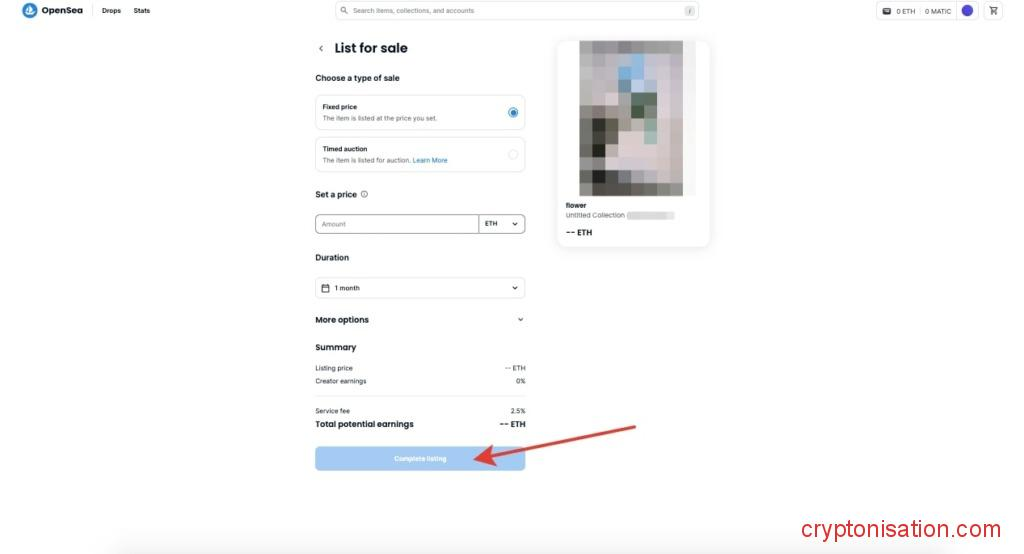 Wystawienie NFT na sprzedaż