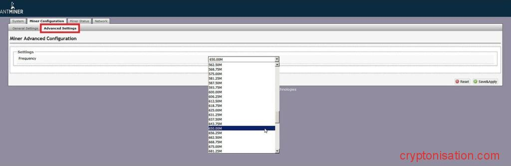 Sekcja Advanced Settings w interfejsie koparki-ASIC Antminer S9