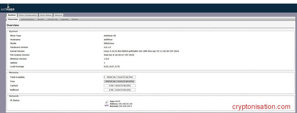 Interface Antminer S9 ASIC miner